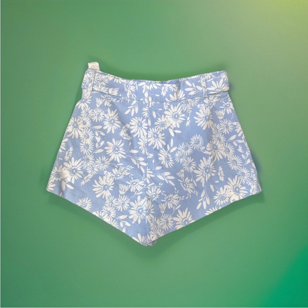 Zara Light Blue-White High-Waist Floral Belted Summer Resortwear Mini Shorts Med - Picture 2 of 5